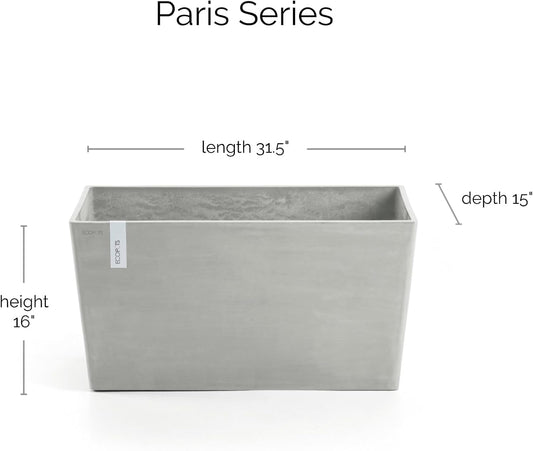 Ecopots Paris Durable Modern Rectangular Indoor/Outdoor Recycled-Based Composite Flower Planter, White Grey, 31.5"