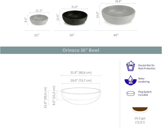 Crescent Garden Large Outdoor Planter Bowl â Double-Walled Resin Pot with Drain Hole for Water Gardens, Fountains, Decorative Landscaping - 30" W x 12" H (Old Bronze Color)