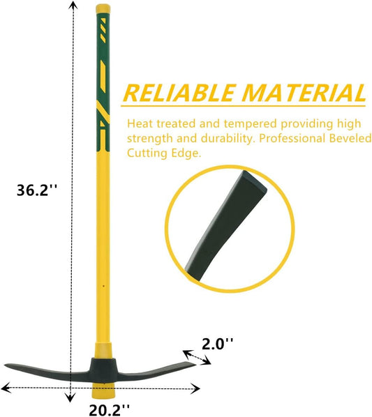 GloriousAMC Heavy Duty Mattock, 36" Fiberglass Handle, Yellow, Steel, Multipurpose Garden Tool, Chopping Soil, Gardening