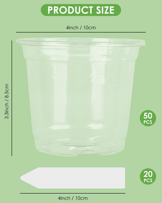 PACETAP 50Pack 4 Inch Reinforced Clear Nursery Pots with Drainage Holes, Variety Pack Plastic Plant Pots with 20 Plant Labels for Indoor Outdoor Flower Seed Starter