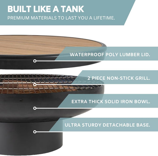 32 Inch Round Fire Pit Table with Fire Pit Grill, Extra Thick, Heavy Duty Fire Bowl, Deep Outdoor Firepit, Wood Burning Firepits for Outside Patio, Backyard Fire Pits, Large BBQ Pit