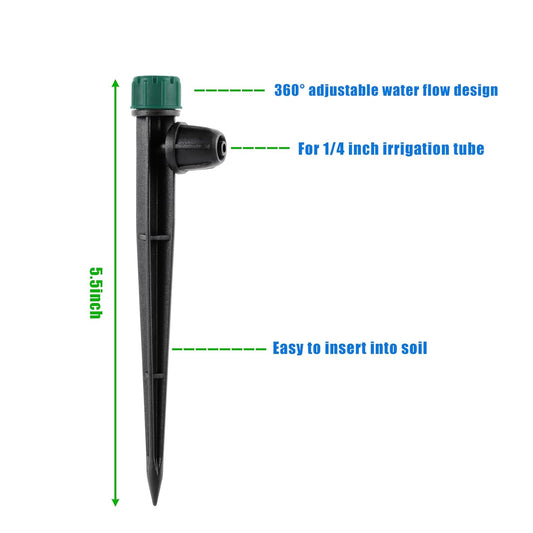 100pc Drip Irrigation Emitters for 1/4" Drip Tubing,5.5" Stake with Adjustable Automatic Irrigation Drippers for (4-7mm) Garden Watering System. (100pcs-360 Degree Drip)
