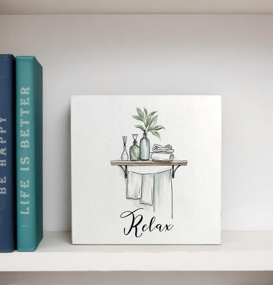 Relax Funny Bathroom Wooden Box Sign, Eucalyptus Botanical Wood Signs for Restroom Bathroom Toilet Half Bath Shelf Counter Decor, 5x5 Inch