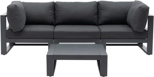 Modern 3 Seater Sofa Outdoor Sectional Sofa Set with Square Coffee Table Patio Conversation Sofa Sets for Garden Backyard, Dark Grey Cushions