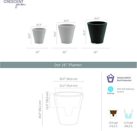 Crescent Garden Dot TruDrop Indoor/Outdoor Planter, Self-Watering Plant Pot, 26 Inches, (Ash)