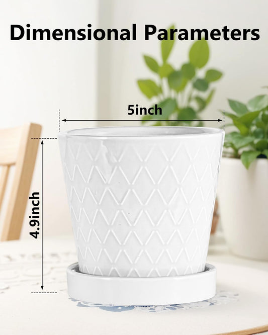 EFISPSS Flower Planter â5 inch Ceramic Plant Pots with Drainage Holes and Ceramic Tray - Gardening Home Desktop Office Windowsill Decoration Gift Set of 4 - Plants NOT Included (White)