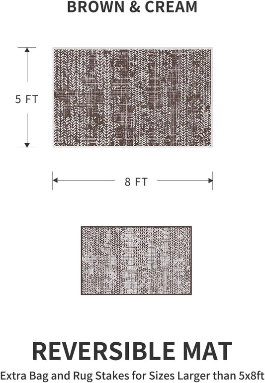 MontVoo Outdoor Rug Waterproof-Patio Rug Mat 5x8 Outdoor Carpet Reversible RV Camping Picnic Plastic Straw Rug Outside Outdoor Area Rug for Balcony Deck Backyard Patio Decor Boho Modern-Brown