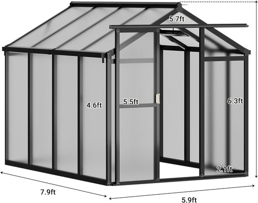 Greenhouse, 6x8 Ft Outdoor Greenhouses with Roof Vents and Sliding Doors, Aluminum Frame Polycarbonate Accessible Greenhouses, Suitable for Outdoor Gardens and Backyards, Black