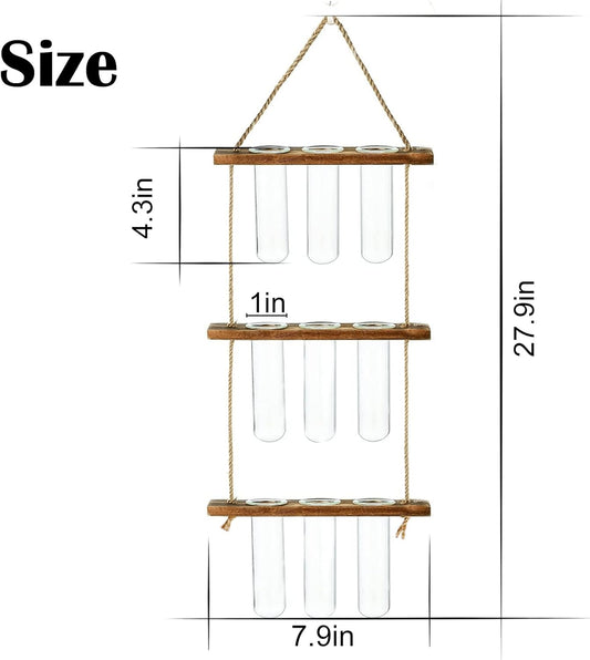 XXXFLOWER Wall Hanging Propagation Station with Wooden Stand Glass Test Tubes Tiered Planters Wall Terrarium for Home Office Plant Hanger Flower Vases Wall Decor Hydroponic Cuttings (9 Tube Vases)