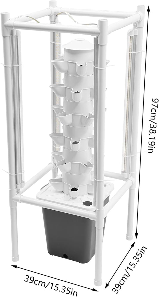Hydroponics Tower Garden Vertical Growing System Kit, 30-Plant Indoor Gardening Planter Germination Kit with LED Grow Light & Water Pump for Herbs & Vegetables, 2.64Gal Grey Water Tank