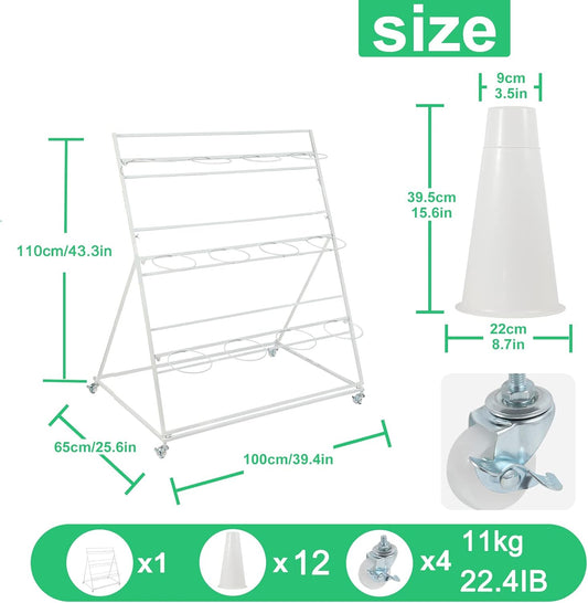 Flower Display Stand with Buckets, 3 Layers Metal Plant Stand, Moving Florist Bouquet Shelf for Fresh Flower Shop, for Patio Garden, Outdoor Flower Pop-Up Events (White Frame - White Bucket)