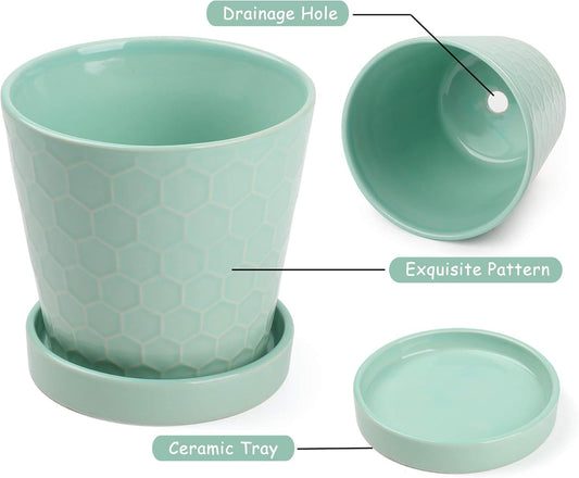 EFISPSS Ceramic Plant Pots â4â+5â+6â inch Set of 3, Planters with with Drainage Holes and Ceramic Tray, Indoor Flower Pot Gardening Home Desktop Office Windowsill Decoration Gift(Mint Green)