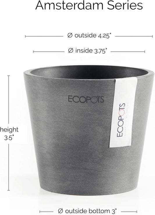 Ecopots Amsterdam Mini Durable Modern Round Recycled-Based Composite Flower Pot Planter, Grey, 4"