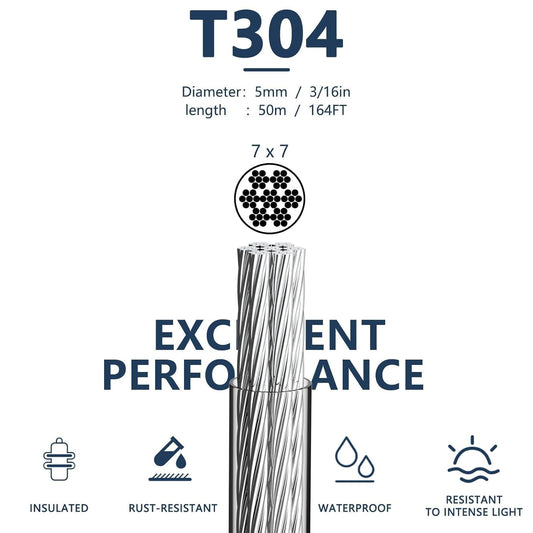 3/16 Wire Rope Kit, 165ft Vinyl Coated Galvanized Steel Cable with M5 Turnbuckles for Cables Wire, Rope Clamp & Thimble, 7X7 Strand Aircraft Cable for Anchored Shed, Fencing, Sunshade