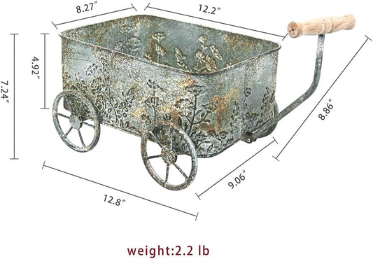 Flower Cart with Wooden Handles, Metal Wagon Planters for Outdoor Plants, Garden Planter with Wagon Wheels, Decorative Wheelbarrow, Plant Cart for Patio Garden Balcony (Blue)