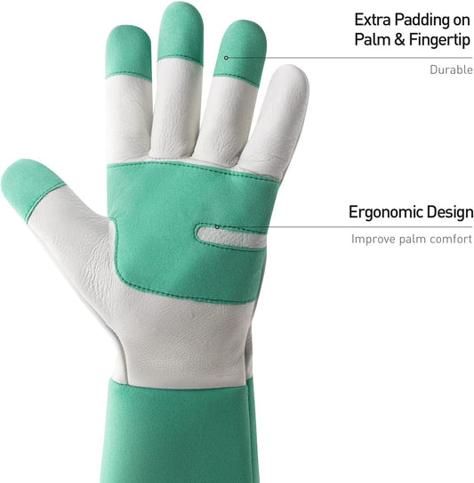 HANDLANDY Long Gardening Gloves for Men & Women, Thorn Proof Rose Pruning Gloves Leather Gauntlets Garden Glove Yard Work Glove (Large, Green)