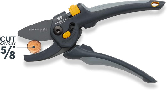 Woodland Tools Co. Heavy Duty Anvil Pruning Shears β 5/8" Cut Capacity, High Carbon Steel Blade, Internal Spring, Adjustable Grip Slider, Garden Pruner for Dry Branches, Stems, and Dead Growth