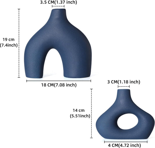 CEMABT Blue Ceramic Vase Set of 2 for Modern Minimalist Bohemian Decor,Round Matte Donut Vases for Pampas Grass-Perfect for Living Room, Dining Table, Office Bedroom Shelf Decor Entryway, Console