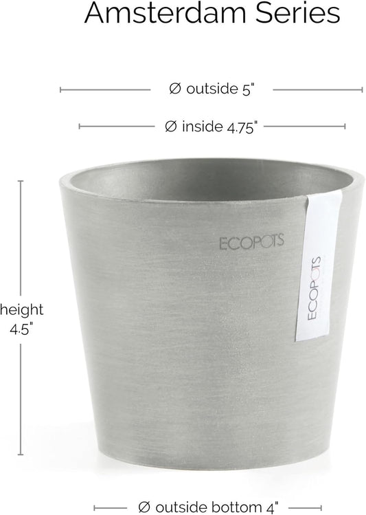 Ecopots Amsterdam Mini Durable Modern Round Recycled-Based Composite Flower Pot Planter, White Grey, 5"