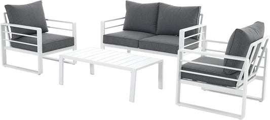 Patiorama Aluminum Patio Furniture Set, 4 PCS Modern Patio Conversation Set, All Weather White Outdoor Sectional Sofa Set w/Coffee Table, Loveseat, Superior Olefin Cushion, Garden-Grey Cushion