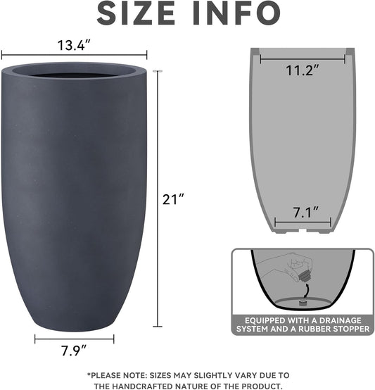 Kante 24 Inch Tall Round Concrete Planter, 2 Pack Large Indoor Outdoor Plant Pots with Drainage Hole and Rubber Plug, Modern Decorative Garden Pots for Home Patio Porch, Charcoal