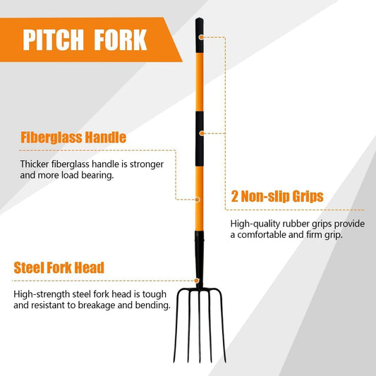 Pitch Fork-58 Inch,5-Tine Steel Garden Fork Heavy Duty, Mulch with Cushion Grip, Orange Fiberglass Handle