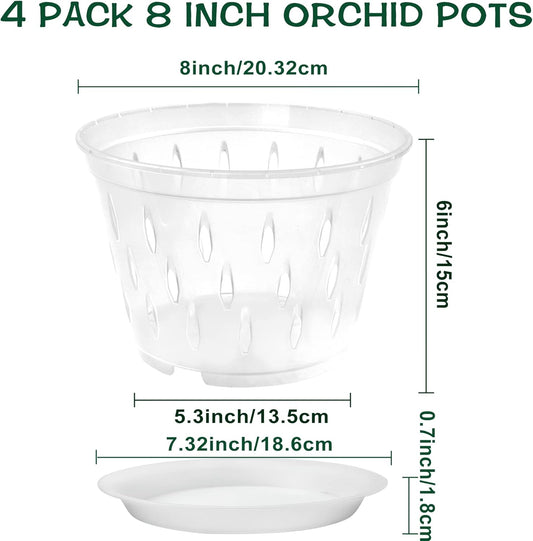 Orchid Pot, 8 Inch 4 Pack Orchid Pots with Holes and Saucers, Clear Plastic Orchid Pots