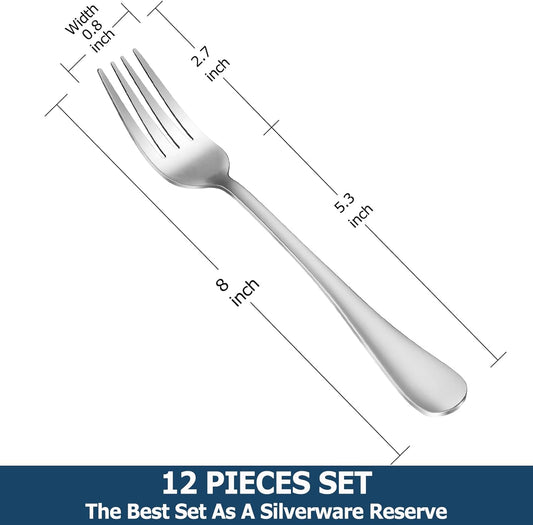 12 Piece Dinner Forks Set, Food-Grade Stainless Steel Silverware Forks, Cutlery Fork, Metal Fork for Home, Kitchen or Restaurant, Mirror Polished, Dishwasher Safe - 8 Inch