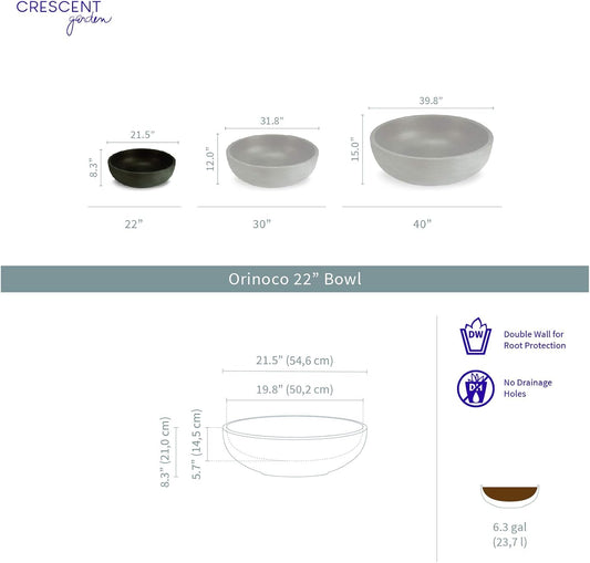 Crescent Garden Orinoco Planter Bowl â Double-Walled Resin Pot for Succulents, Flowers Without Drain Hole - 21" W x 8.25" H (Weathered Concrete)