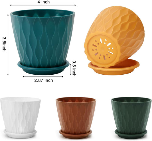 4 inch Plant Pots, 5 Pack Flower Pots Outdoor Indoor, Planters with Drainage Holes and Tray Saucers((Multicolor)