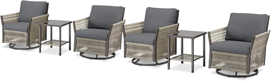 Patio Furniture Wicker Outdoor Conversation Set, 6-Piece All Weather Patio Furniture Rattan Rocking Sets w/Removable Cushions & Ottomans, Bistro Set for Backyard, Balcony, Deck, Dark Grey