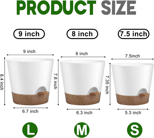 Indoor Outdoor Plant Pots- Self Watering Planters with Drainage Holes and Saucers, 9,8, 7.5 Inches, 3 Pots (Snow)
