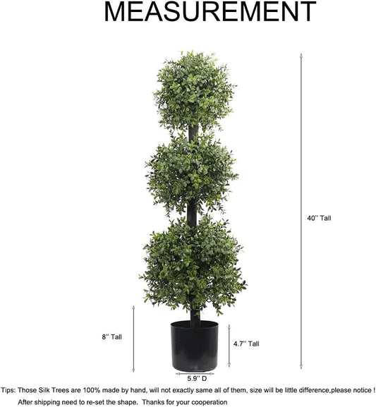 38''T Artificial Boxwood Topiary Triple Ball Outdoor Potted Plants Anti-UV Front Door Decor 2Pack