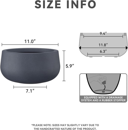 Kante 11.8" Dia Round Concrete Planter, Cement Plant Pots with Drainage Hole and Rubber Plug for Outdoor Indoor Garden Home, Modern Curvaceous Design, Dark Gray