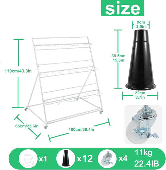Flower Display Stand with Buckets, 3 layers Metal Plant Stand with Wheels, Moving Florist Bouquet Shelf for Fresh Flower Shop, for Patio Garden, Living Room, Outdoor Flower Pop-Up Events (White Frame - Black Bucket)