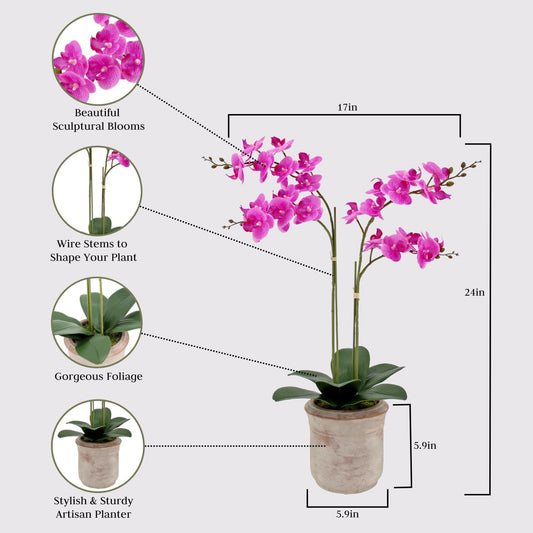 Faux Pink Orchid Plant, Premium Artificial Indoor Flower Display Stands 24β, Beautiful Sculptural Blooms That Lasts Forever, Grey Planter Pot Included