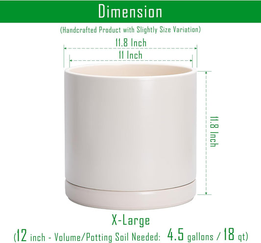 D'vine Dev 12 Inch Ceramic Planter Pot with Drainage Hole and Saucer, Indoor Cylinder Round Planter Pot, Oatmeal, 94-O-F-8