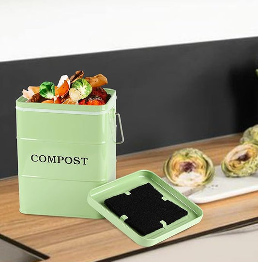 Compost Bin Kitchen Countertop Indoor Compost Pail Bucket, Great for Food Scraps, Carbon Steel, Handles, Green, 1 Gallon - Includes Charcoal Filter