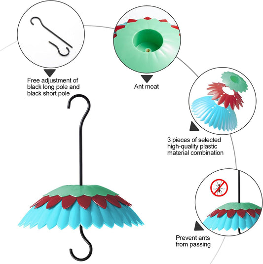 8" Bird Feeder Cover with Ant Moat, Skaithee Bird Feeder Baffle with Hummingbird Feeder Ant Guard & Rain Guard & Shepherd Hooks, Bright Colors Attract More Birds & Anti Rain/Snow/Ants (Blue 8 inches)