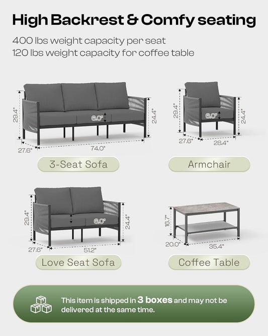 Aluminum Outdoor Patio Furniture Set, HDPE Rope 4 Piece Modern Sectional Conversation Sets with Dual-Layer Coffee Table, All Weather Patio Couch Set with Thick Cushions, Gray Frame, Charcoal
