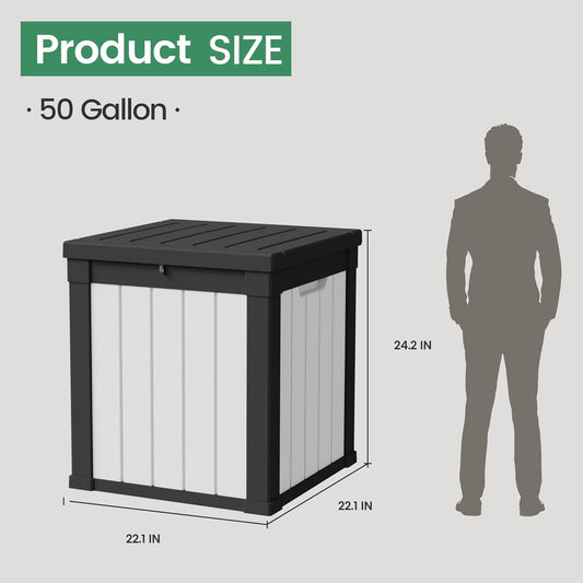 50 Gallon Storage Box, Waterproof Deck Box for Indoor & Outdoor Use, Lockable Pool Storage Bin for Package Delivery, Outdoor Bench for Patio Cushions, Garden Tools, Backyard, Black & White