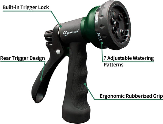 AUTOMAN Garden Hose Nozzle 2PK, ABS Water Spray Nozzle with 7 Adjustable Patterns, Slip Resistant for Watering Plants, Lawn, Garden, Washing Cars, Cleaning, Showering Pets & Outdoor Fun