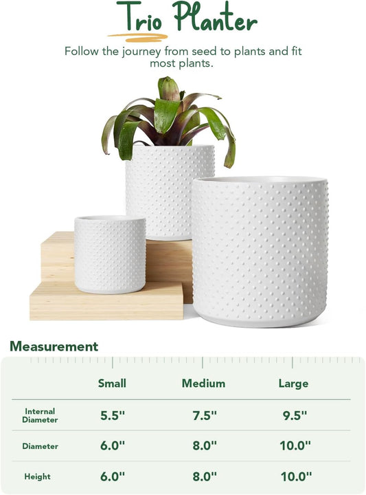 LE TAUCI Ceramic Plant Pots Indoor, 10+8+6 Inch Planters for Indoor Plants, Raised Dots Flower Pots with Drainage Hole and Plug, Cylinder Round Planters, Set of 3, White