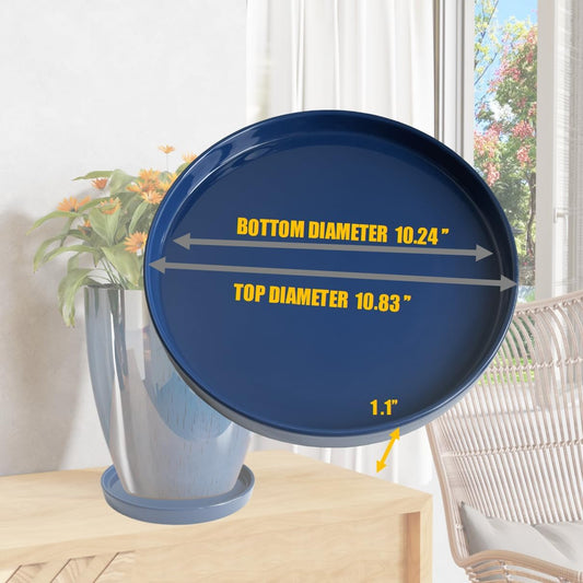 Ceramic Plant Saucer Pot Tray 10 Inch, Planter Saucers 4 5 6 7 8 9 10 11 12 13 Inch for Indoors Outdoor, Durable Sturdy Flower Drainage drip Water Tray for Glazed Pots Base (10.7 Inch-Blue)