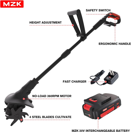 MZK 20V Cordless Tiller Cultivator with Steel Tines,8-inch Wide Battery Powered Garden Cultivator, 360RPM Electric Tiller for Lawn/Gardening/Soil Cultivation(2AH Battery&Charger Included),TC08D01