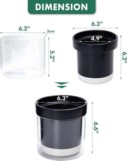 Phoenix Vine 6 Inch Self Watering Terracotta Planter, Black Terracotta Clay Pot with Glass Reservoir for Indoor Plants, Herbs, Flowers, Set of 1, 52-C-F-1