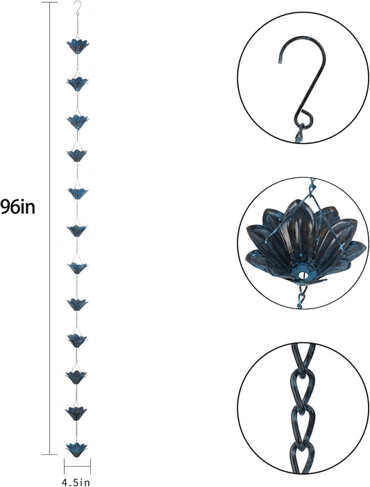 8.5 FT (102 Inch) Decorative Rain Chain for Gutters - Handcrafted Iron Flower Cup Design, Outdoor Water Drainage Solution for House Eaves, Garden, Patio & Home Decor