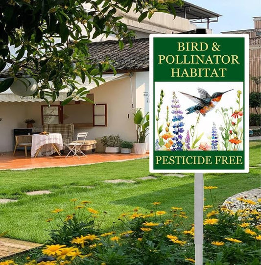 Bird and Pollinator Habitat Pesticide Free Yard Sign With Stakes 8X12 inches Rustproof Reflective Aluminum Pollinator Friendly Garden Sign Stand Hummingbird Outdoor Decor