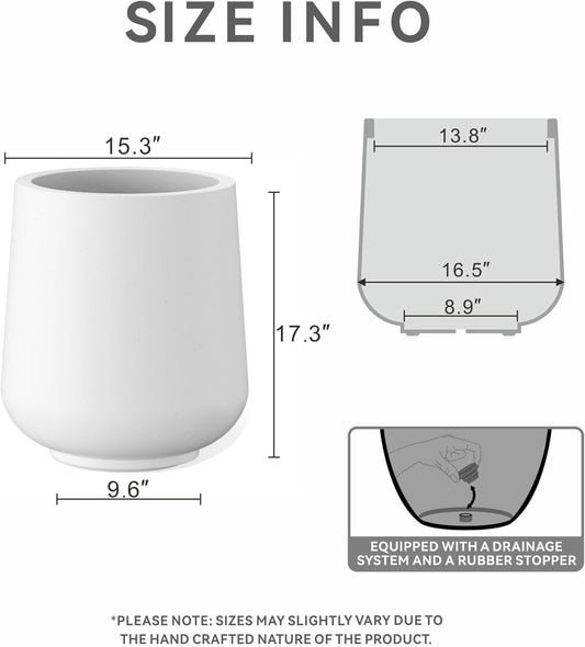 Kante 15.3-Inch Dia Round Concrete Planter, Large Plant Pot with Drainage Hole and Rubber Plug for Indoor Outdoor Use â Home, Garden, or Patio, Pure White