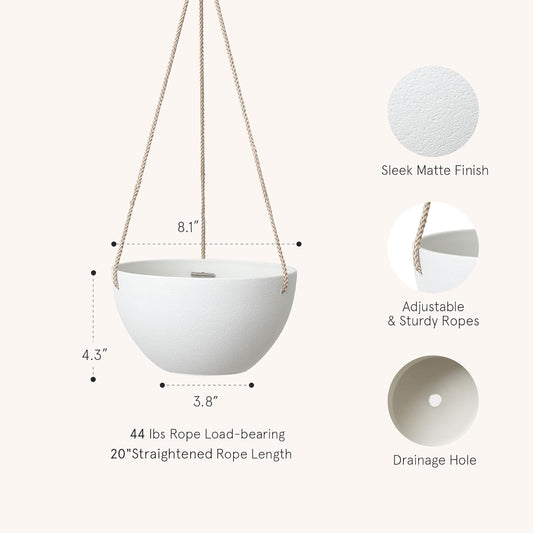 La Jolie Muse White Hanging Planter Basket - 8 Inch Indoor Outdoor Flower Pots, Plant Containers W/ Drainage Hole, Plant Pot for Hanging Plants, Pack 2